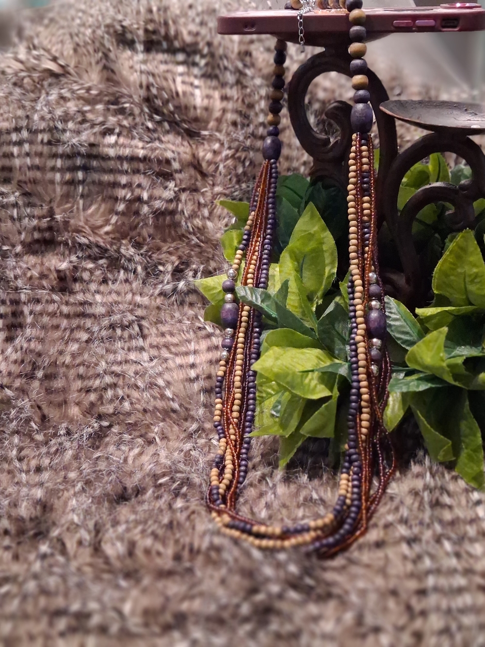 Handcrafted Brown and Purple Beaded Multi-Strand Necklace